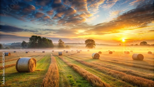 Misty morning sunrise over field of hay bails, nature, landscape, rural, agriculture, farming, countryside, serene, peaceful, mist photo