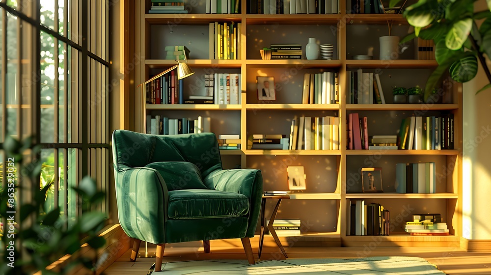 Stylish green velvet armchair in a cozy reading nook with wooden bookshelves and natural light. Stylish green velvet armchair in a cozy reading nook with wooden bookshelves and natural light.