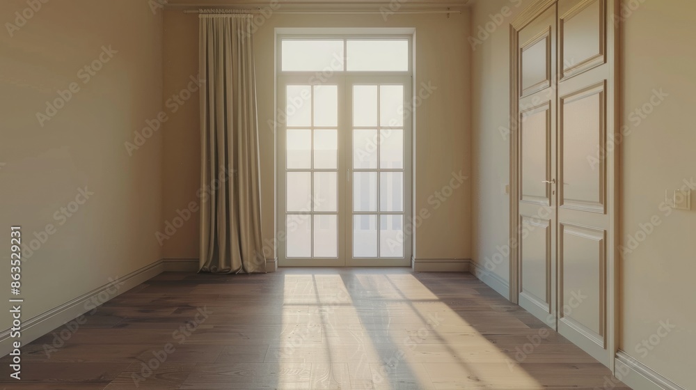 Empty room in modern apartment with closed door and window Empty room in modern apartment with closed door and window