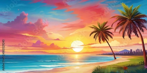 tropical sunset with trees