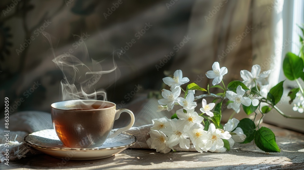 A steaming cup of tea sits beside a jasmine flower pot, the delicate white blossoms hinting at the floral notes in the tea A steaming cup of tea sits beside a jasmine flower pot, the delicate white blossoms hinting at the floral notes in the tea