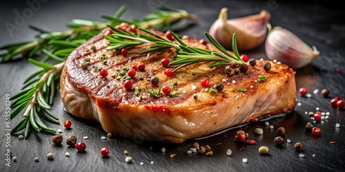 Juicy porkchop steak seasoned with rosemary and spices on a black background, closeup, Grilled, Beef, Steak, Delicious, Food photo