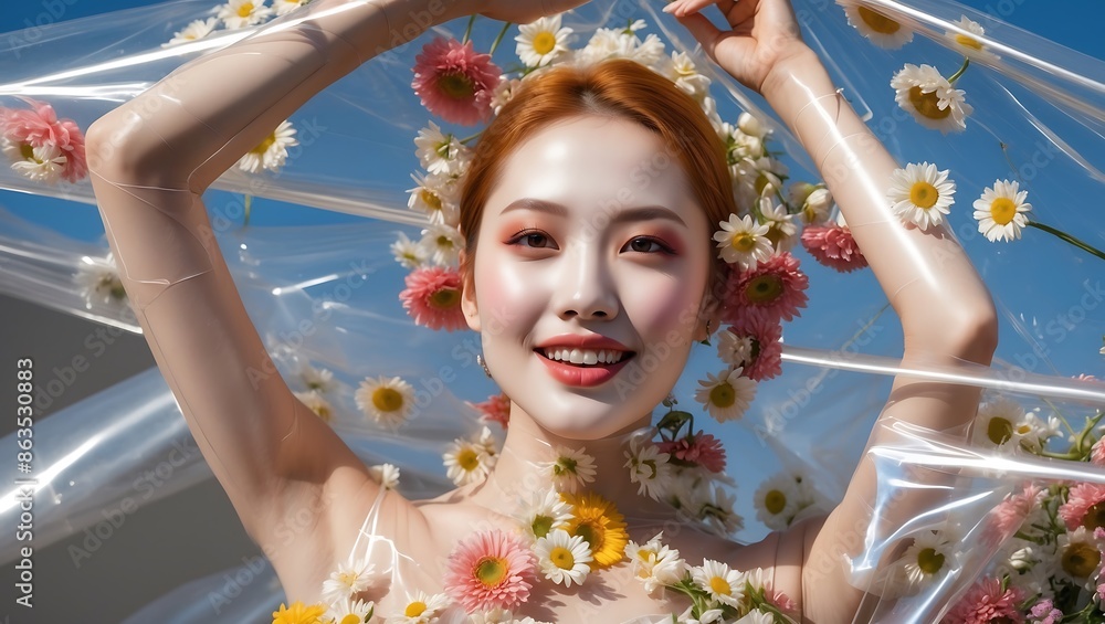 Φωτογραφία asian model posing for a fashion photoshoot entirely wrapped in transparent film