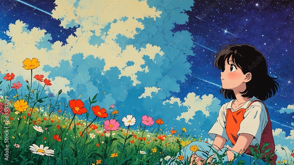 A girl sitting on the grass, gazing at the stars in the sky with colorful flowers blooming around her A girl sitting on the grass, gazing at the stars in the sky with colorful flowers blooming around her