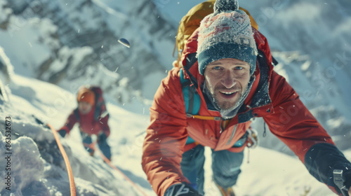 A man is tring a new activity in the mountains photo