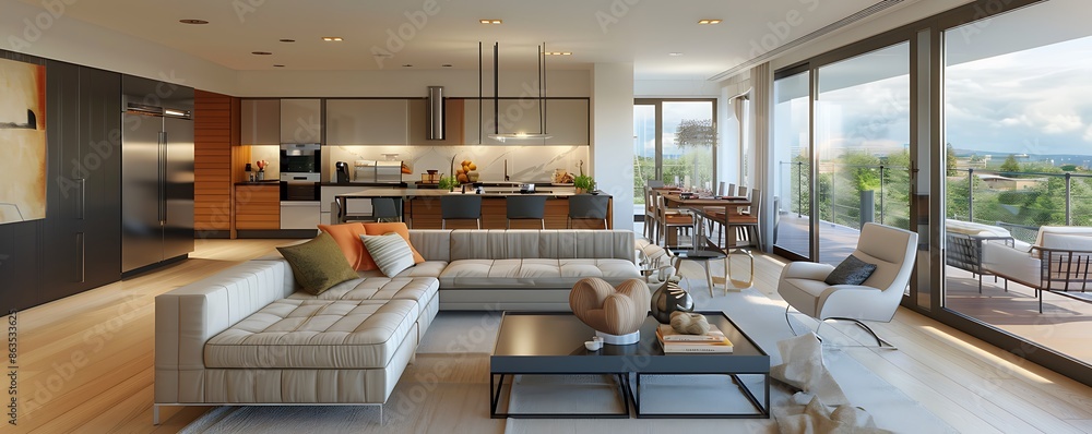 Stylish open-plan living room and kitchen in a modern luxury home, featuring high-end finishes, sleek furniture, and a balcony with a beautiful view. Stylish open-plan living room and kitchen in a modern luxury home, featuring high-end finishes, sleek furniture, and a balcony with a beautiful view.