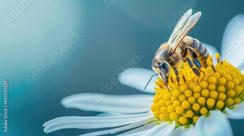 Bee gathering pollen and nectar on white flower against blue backdrop