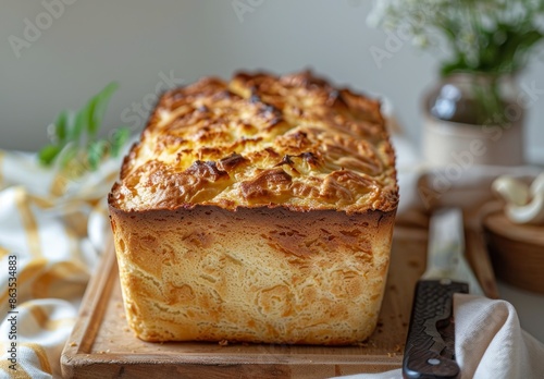 Freshly Baked Golden Loaf of Bread on Wooden Cutting Board