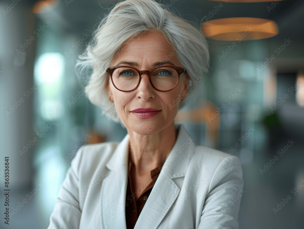 Senior Business Woman with Grey Hair in White Suit Smiling in Office Portrait Senior Business Woman with Grey Hair in White Suit Smiling in Office Portrait