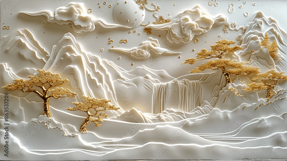 White Relief Landscape with Golden Trees and Mountains in Paper Carving Style with High Definition Details on Light Gray Background White Relief Landscape with Golden Trees and Mountains in Paper Carving Style with High Definition Details on Light Gray Background