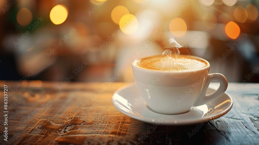 Espresso cup on cafe table blurred background Espresso cup on cafe table blurred background