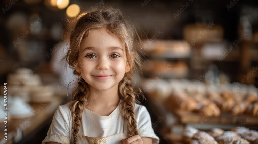 Cute little cook is focused on rolling pin on blurry bakery background. Copy space for text Cute little cook is focused on rolling pin on blurry bakery background. Copy space for text