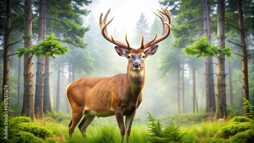 Magnificent buck deer with impressive antlers stands alone in a lush green forest, isolated on a clean white background with precise clipping path. © DigitalArt Max