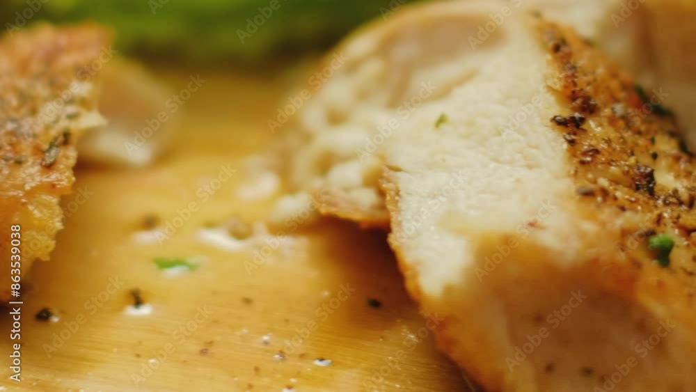 Chicken breast. Healthy nutrition. Human hand pick up piece juicy organic meat with fork restaurant eating tasty dish. Chicken breast. Healthy nutrition. Human hand pick up piece juicy organic meat with fork restaurant eating tasty dish.