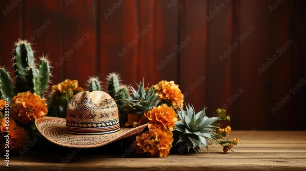 Naklejka premium Cinco de Mayo background with hat ornaments and cactus plants for banners or posters