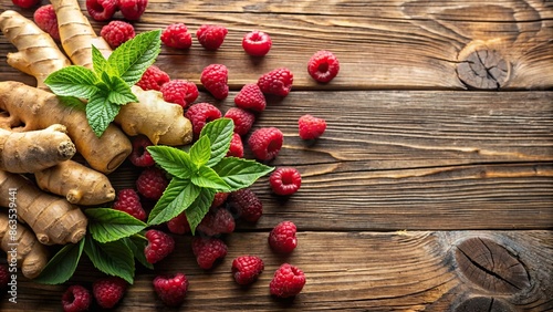 Fresh ginger roots and raspberries arranged on a wooden table , ingredients, healthy, organic, harvest, food, spices, red