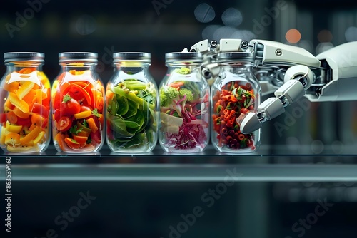 Robotic Arm Integrated with Salsa Jars Showcasing Multi-Purpose Tools and Gadgets photo