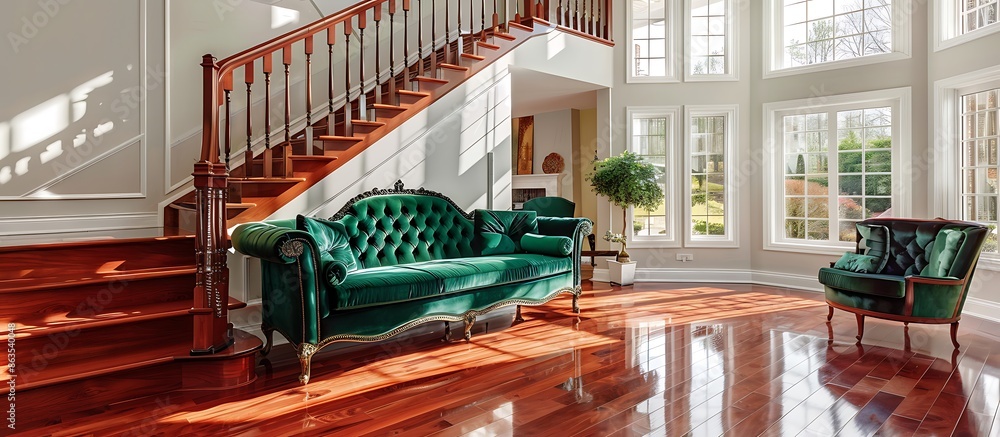 Traditional living room with a velvet emerald green sofa, classic wooden staircase, and polished cherry wood flooring. Large bright windows, timeless decor, and elegant accents. Traditional living room with a velvet emerald green sofa, classic wooden staircase, and polished cherry wood flooring. Large bright windows, timeless decor, and elegant accents.