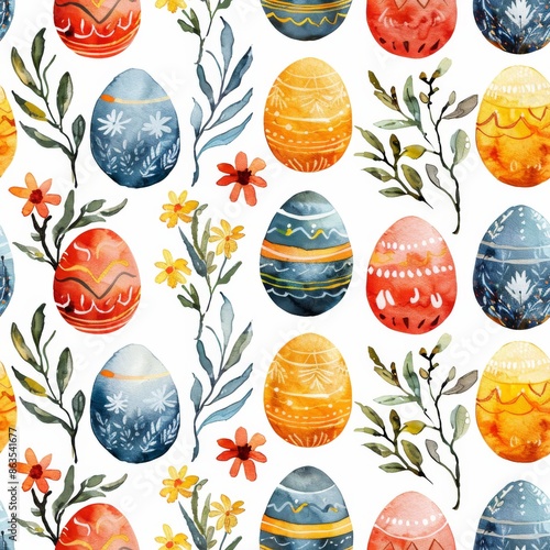 Easter eggs with colorful prints, seamless pattern, small scale pattern, hand drawn flat art, watercolor, clean illustration, white background 