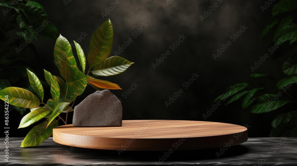podium for product stand or display with plant background and cinematic light, front view podium for product stand or display with plant background and cinematic light, front view