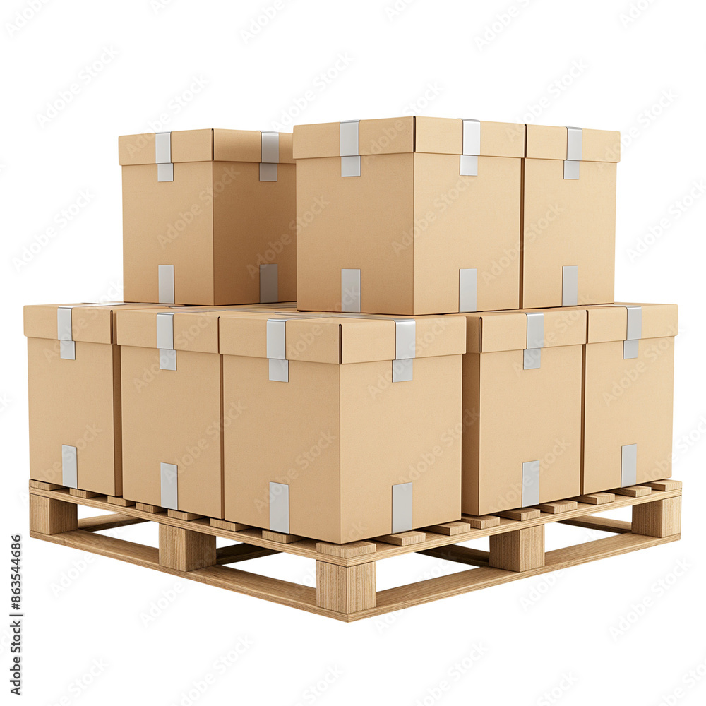 cardboard boxes on a wooden pallet isolated on transparent white background, clipping path cardboard boxes on a wooden pallet isolated on transparent white background, clipping path