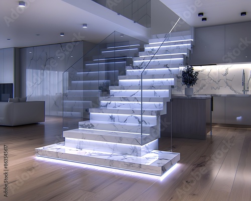 White marble L-shape floating neon stairs with RGB LED stripe light under tread staircase, tempered glass panel balustrades in a modern entertainment room, sleek interior design with hardwood floor,