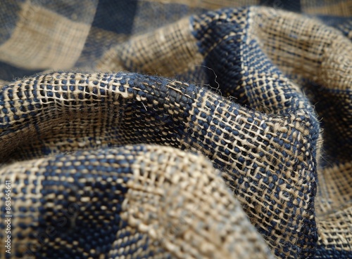 Close Up of Woven Fabric With Blue and Tan Checkered Pattern