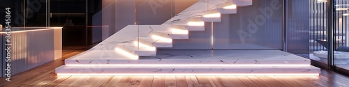 White marble L-shape floating neon stairs with RGB LED stripe light under tread staircase, tempered glass panel balustrades in a luxury suite, elegant interior design with hardwood floor,