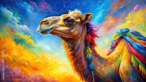 Vibrant painting of a camel in bright colors, camel, colorful, painting, vibrant, animal, desert, vivid, artwork photo