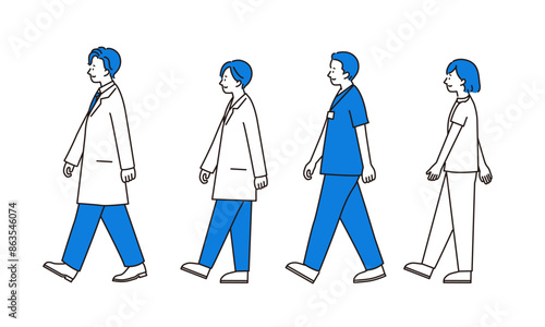 歩く医療従事者の男女のイラストセット