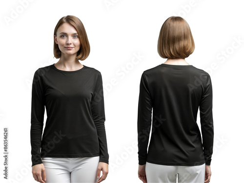 Front and black view of beautiful woman wearing blank long sleeve black t-shirt and white pants, isolated on transparent background