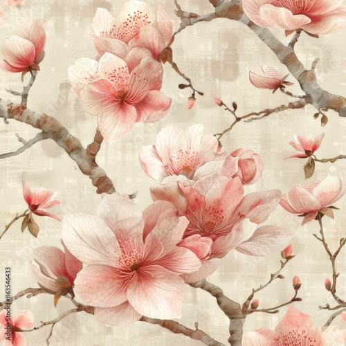watercolor Cherry blossoms and magnolias in pale pink and cream, aged linen texture, vintage postcard style, serene and delicaty, seamless repeating pattern  photo