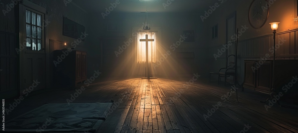 Jesus cross on the dark wooden room with light from the window ...