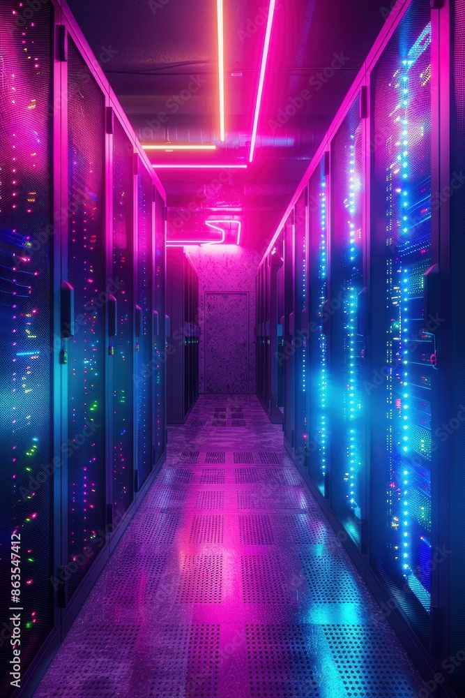 Futuristic server room with colorful neon lights Futuristic server room with colorful neon lights