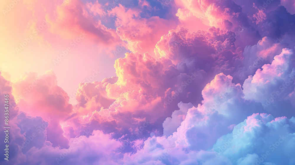 Fototapeta premium Clouds dominate the sky, depicted in a neon color palette, blending the everyday and the extraordinary.