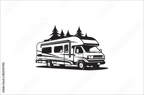 Camping car silhouette on a white background. Camper car silhouette vector illustration. 