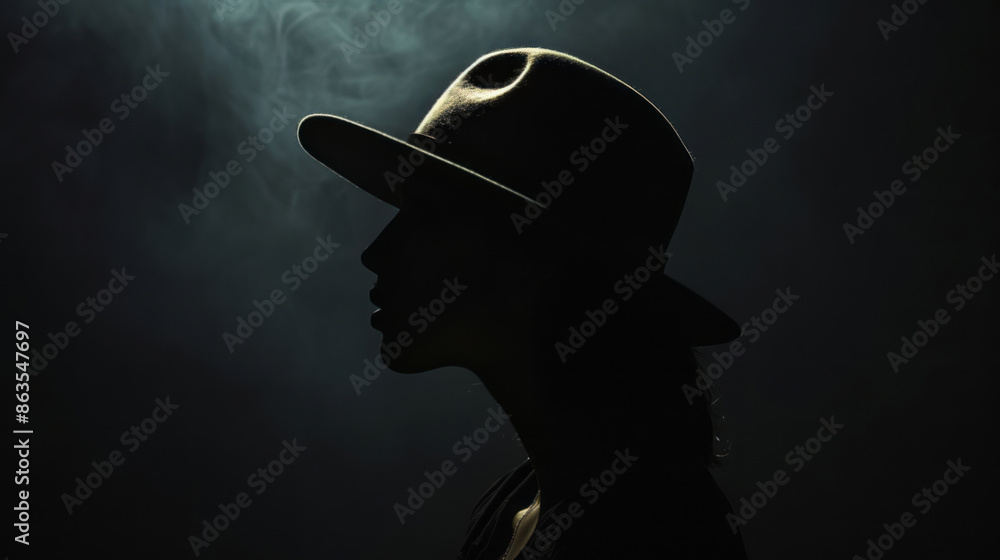 The person, donning a hat, is presented against a dark background, exhibiting a style of mysterious backdrops and reinterpreted human form. The person, donning a hat, is presented against a dark background, exhibiting a style of mysterious backdrops and reinterpreted human form.