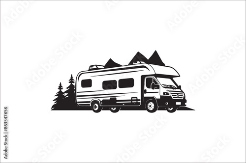 Camping car silhouette on a white background. Camper car silhouette vector illustration. 