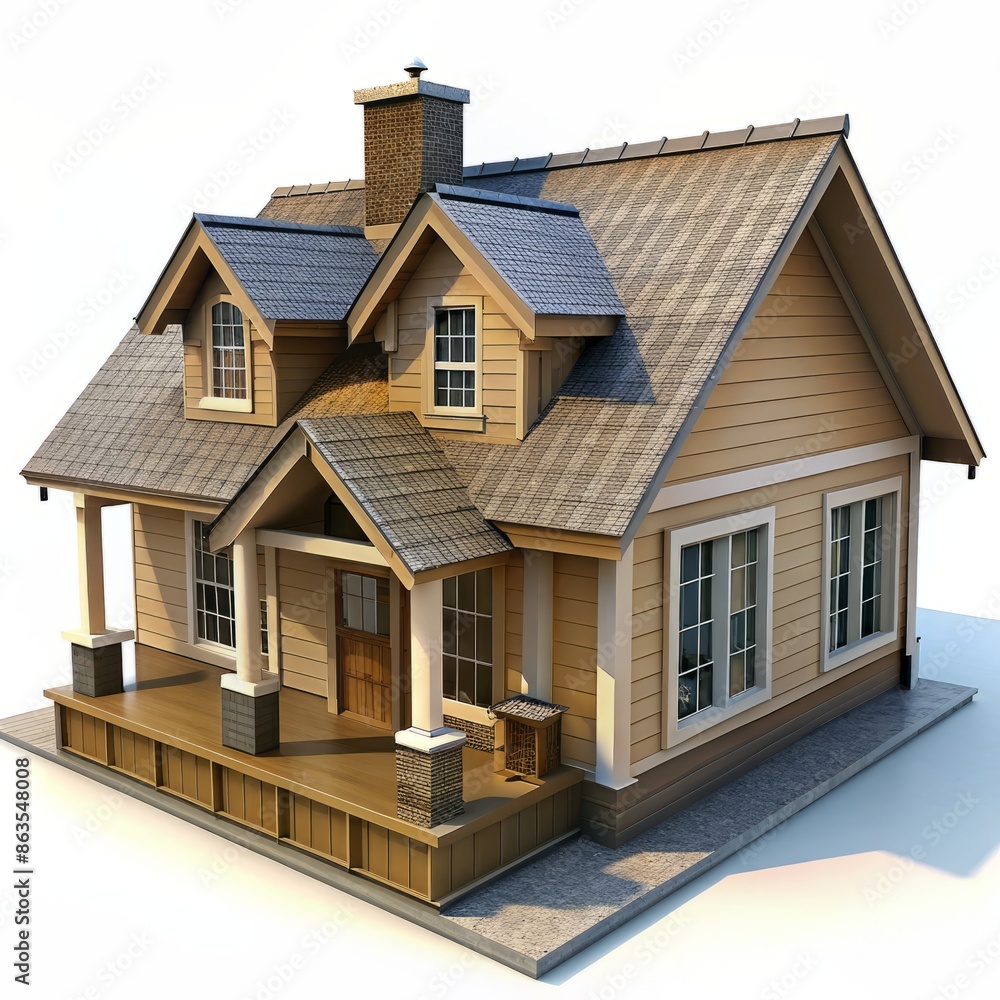 3D Render of a Craftsman-style Bungalow, on isolated white background, Generative AI 3D Render of a Craftsman-style Bungalow, on isolated white background, Generative AI