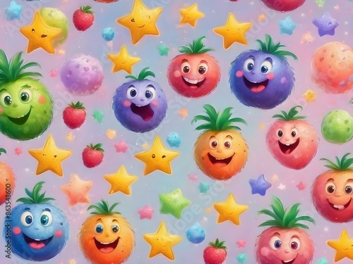 Generative AI. Background pattern Cute and very charming happy expression fruit. pastel colors. stars. bokeh