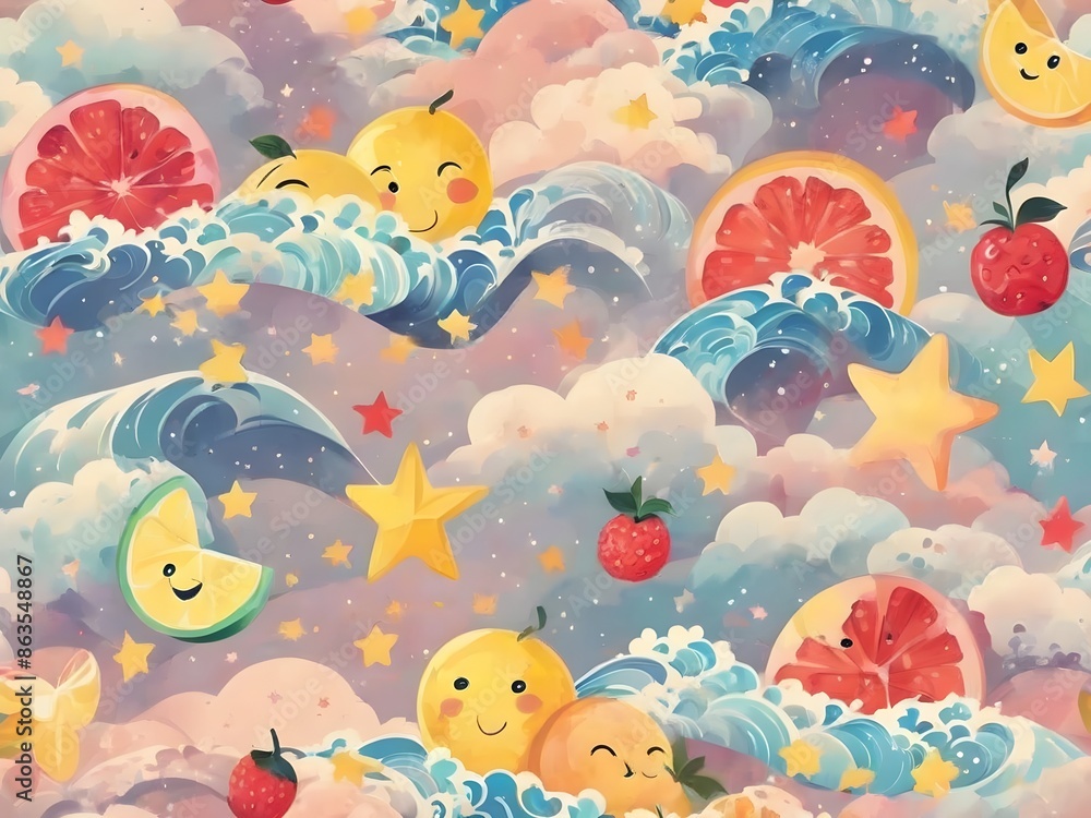 Generative AI. Background pattern Cute and very charming happy expression fruit. pastel colors. stars. bokeh Generative AI. Background pattern Cute and very charming happy expression fruit. pastel colors. stars. bokeh