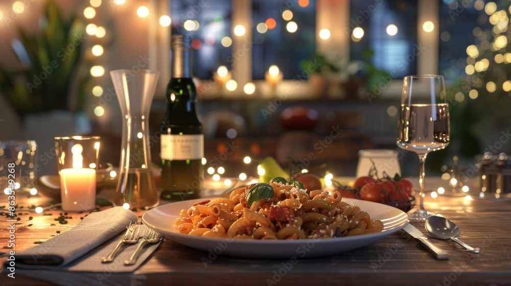Cozy Dinner Table Setting Delicious Pasta Dish Served in Soft Evening Light Cozy Dinner Table Setting Delicious Pasta Dish Served in Soft Evening Light