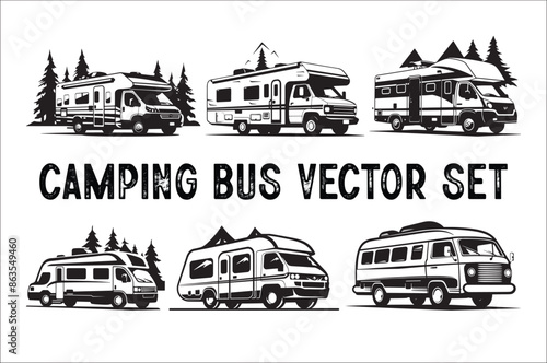 
Camping scene silhouette Bundle on a white background. Camper car silhouette Bundle illustration. 