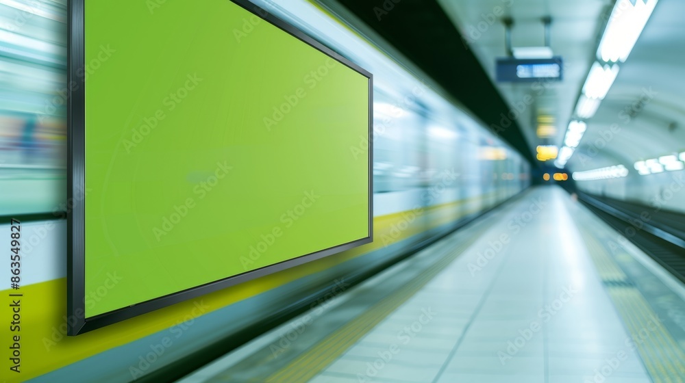 Fototapeta premium Vibrant Green Screen Poster Media Template in Busy Train Subway Station - Advertisement Display with Moving Train Background