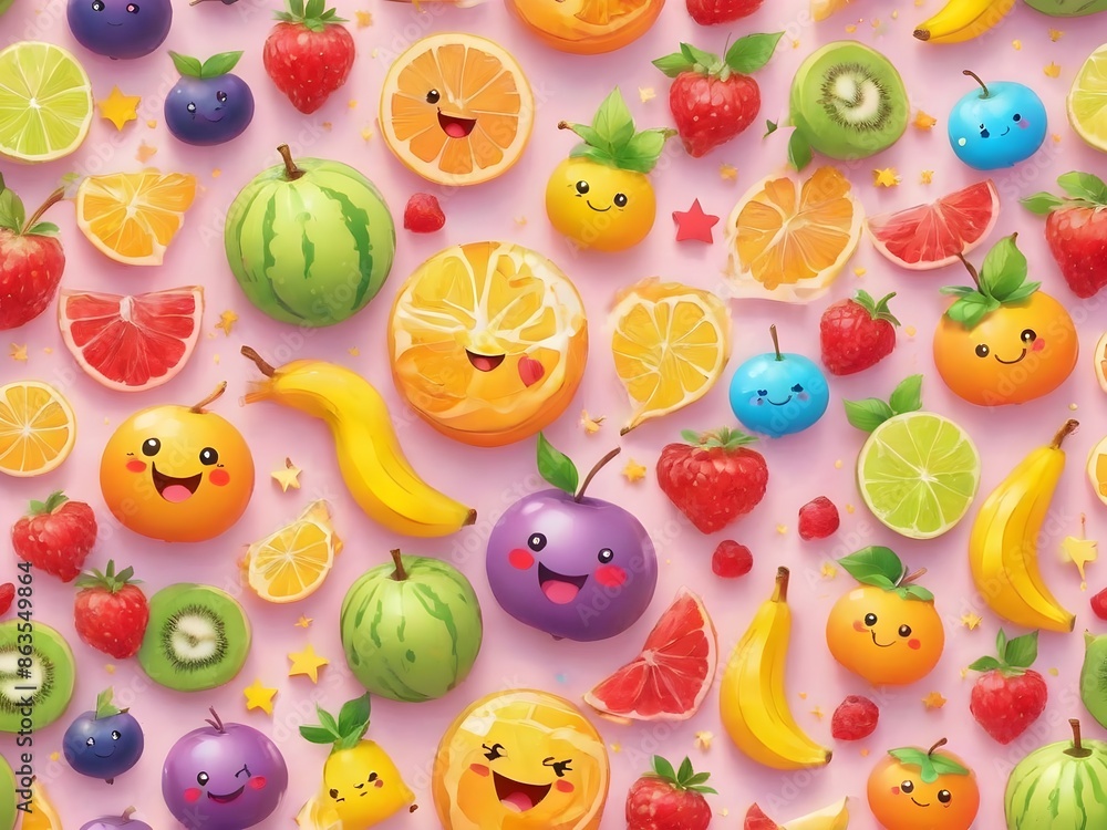 Generative AI. Background pattern Cute and very charming happy expression fruit. pastel colors. stars. bokeh Generative AI. Background pattern Cute and very charming happy expression fruit. pastel colors. stars. bokeh