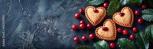 Heart-Shaped Cookies With Jam Filling and Green Leaves on Dark Surface