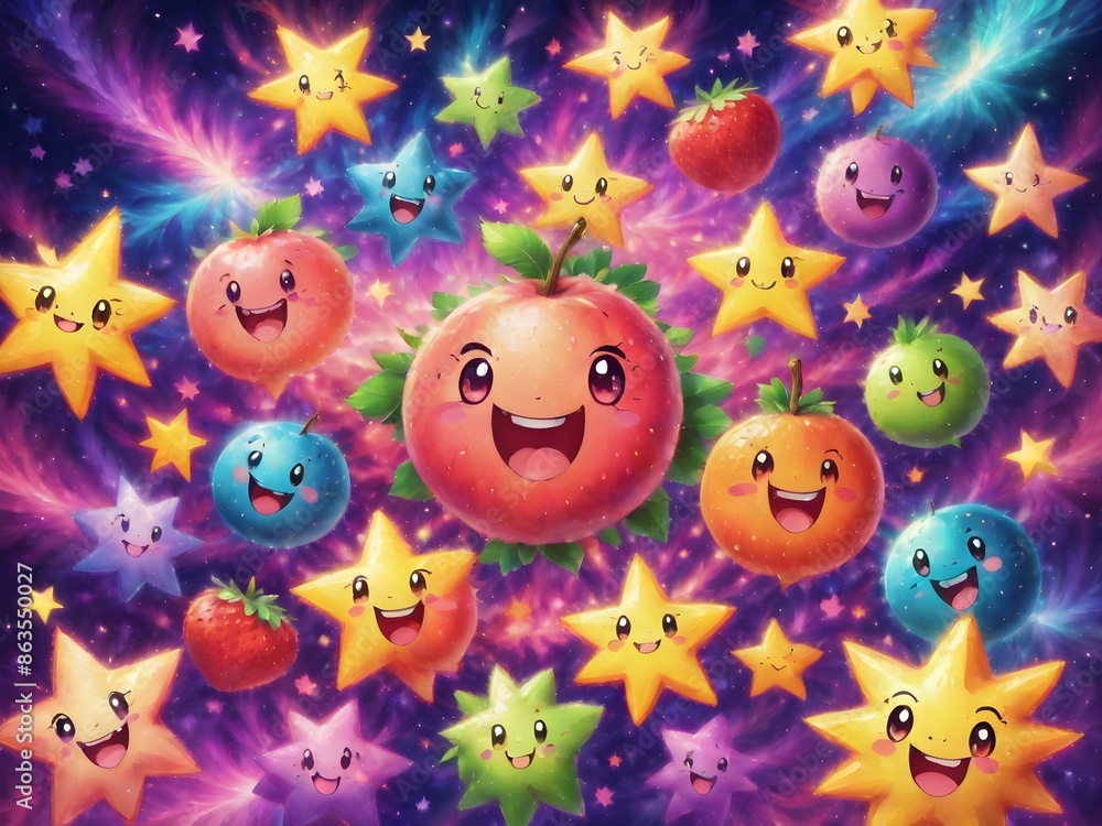 Generative AI. Background pattern Cute and very charming happy expression fruit. pastel colors. stars. bokeh Generative AI. Background pattern Cute and very charming happy expression fruit. pastel colors. stars. bokeh