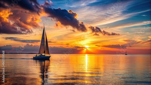 Sailboat gliding across calm waters during a beautiful sunset, sailboat, sunset, ocean, horizon, peaceful, tranquil, sailing © tammanoon