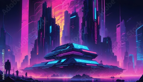 modern futuristic city in neon light