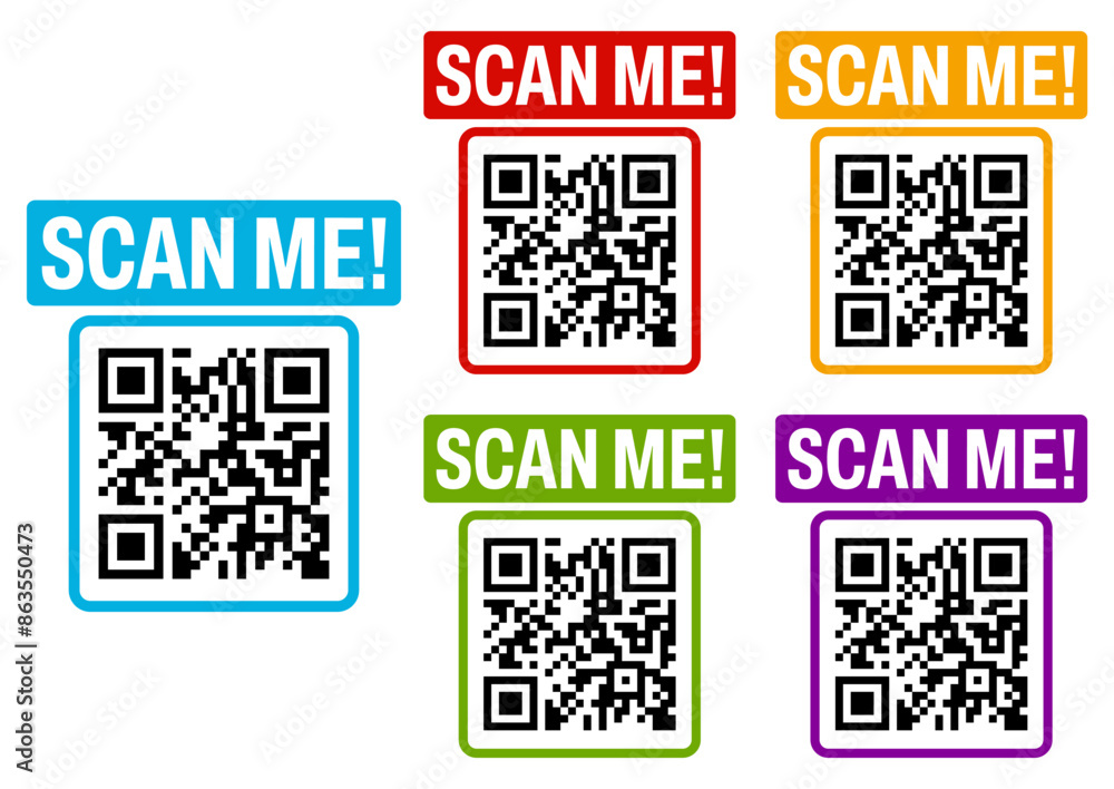 Set Inscription QR code icon. Scan me labels sticker template design vector illustration Set Inscription QR code icon. Scan me labels sticker template design vector illustration